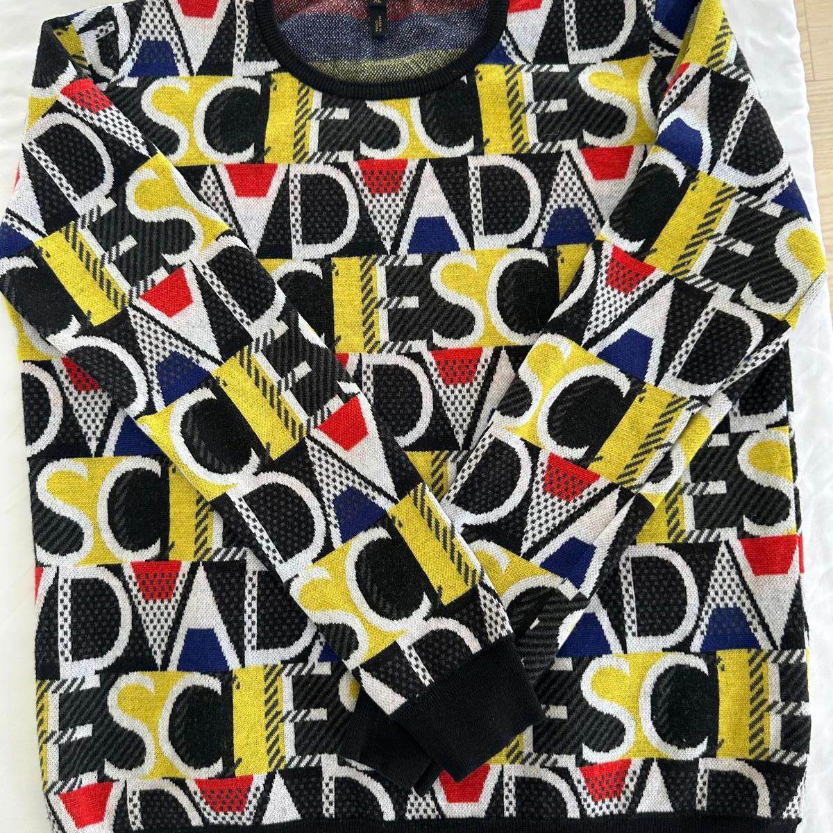 Escada 90's Wool Blend Colorful Knit Monogram Graphic Long Sleeve Sweater - Xl